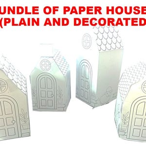 May include: A bundle of four white paper houses with black line art illustrations of doors, windows, and roof shingles. The text BUNDLE OF PAPER HOUSES (PLAIN AND DECORATED) is printed in red at the top. Each house features a unique structure.