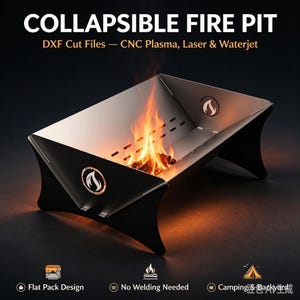 May include: A collapsible fire pit with a metallic finish, featuring flame-shaped cutouts on the side panels. The text reads COLLAPSIBLE FIRE PIT, DXF Cut Files — CNC Plasma, Laser & Waterjet, Flat Pack Design, No Welding Needed, Camping & Backyard.