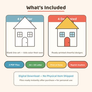 May include: An infographic titled What's Included showing two house icons: one blank line-art and one colored. Text includes 4 to color, 4 decorated, 2 PDF Files, A4 + US Letter, Print at Home, Reprint Anytime, and Digital Download &mdash; No Physical Item Shipped.