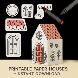 May include: A white paper house model with a coral roof, a coral arched door, and floral illustrations. Included are separate cut-out elements like a circular window, a roof section, and a door. Text reads: PRINTABLE PAPER HOUSES - INSTANT DOWNLOAD.