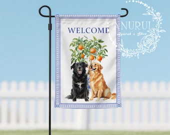 Personalized Welcome Dog Breed Garden Flag,Custom Pet with Goldendoodle,Labrador,Corgi & More,Preppy Spring Chinoiserie Decor,Double-Sided