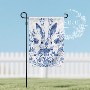 Blau-weiße französische Blumen-Toile, Osterhasen-Design, Willkommens-Flagge, Garten-Flagge für Hof oder Veranda langlebiges Wetter anpassbar doppelseitig