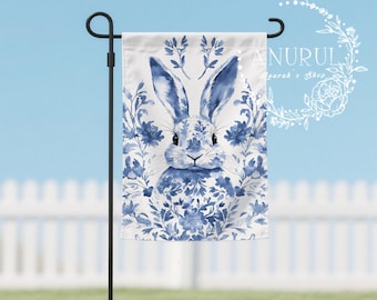 Blue & White French Floral Toile, Easter Bunny Design, Welcome Flag, Garden Flag for Yard or Porch Durable Weather Customizable Double-Sided