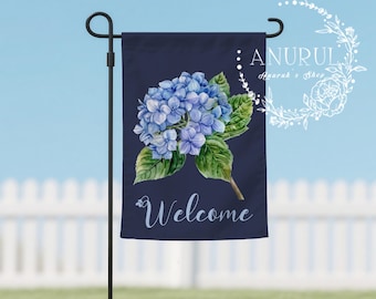 Blue Hydrangea Welcome Garden and House Flag,Vintage Floral Design Yard Flag,Summer Porch,Outdoor Falg,Double-Sided,Flax Yard Flag