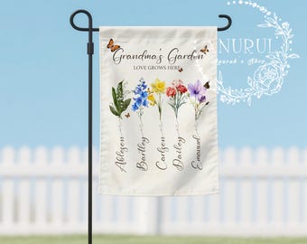 Grandpa's, Grandma's Garden Flag, Custom Birth Month Flower With Name Flag, Love Grows Here Flag Gift, Happy Mother's Day Gift Double-Sided