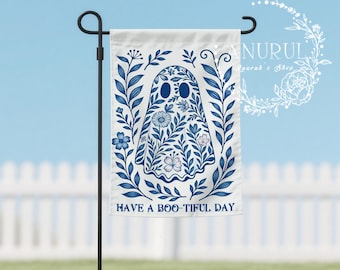 Have a Boo-tiful Day Garden Flag,Blue Chinoiserie Ghost Outdoor Decor,Vintage Spooky Floral Design,Autumn Porch,Welcome Flag,Double-Sided