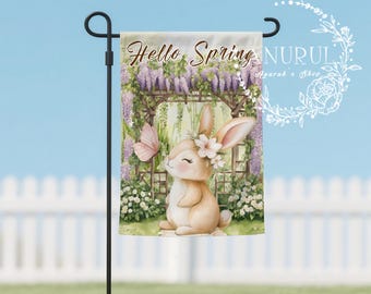Hello Spring Garden Flag, Vintage Bunny Garden Flag Welcome Flag, Garden Flag for Yard or Porch Durable Weather Customizable Double-Sided