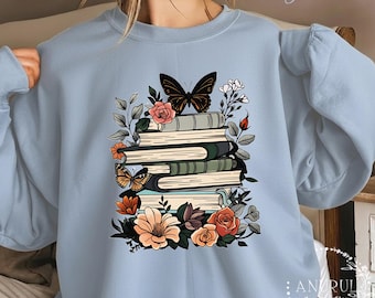 Book&Flower Unisex Crewneck Sweatshirt/Hoodie,Cozy Sweatshirt,Book Lover Shirt,Pure Cotton Vintage Sweatshirt,Mother's Day Gift Idea
