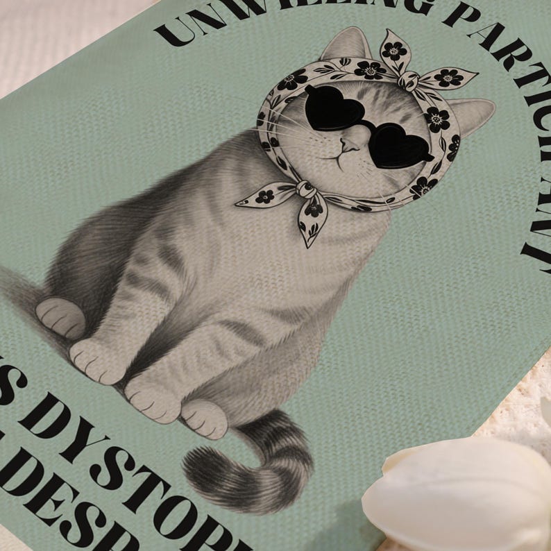 K&ouml;nnte beinhalten: Vintage-Illustration einer grauen getigerten Katze mit herzf&ouml;rmiger Sonnenbrille und einem Blumenschal auf hellblauem Hintergrund. Der Text um die Katze lautet "UNWILLING PARTICIPANT" und "IS DYSTOPIAN DESPAIR".