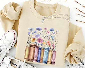 Book&Flower Unisex Crewneck Sweatshirt/Hoodie,Cozy Sweatshirt,Various style/color,Pure Cotton Vintage Sweatshirt,Mother's Day Gift Idea