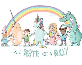 Be A Bestie Not a BULLY, KINDNESS, UNICORN, Etsy Art Print, Love, Insprirational Quote, Purple, Diversity, Friendship