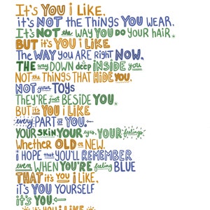 It's you I Like, Mr Rogers Quote Print - Fred Rogers - Great GIFT for parents, children, teachers, family | Love QUOTE, Wall art