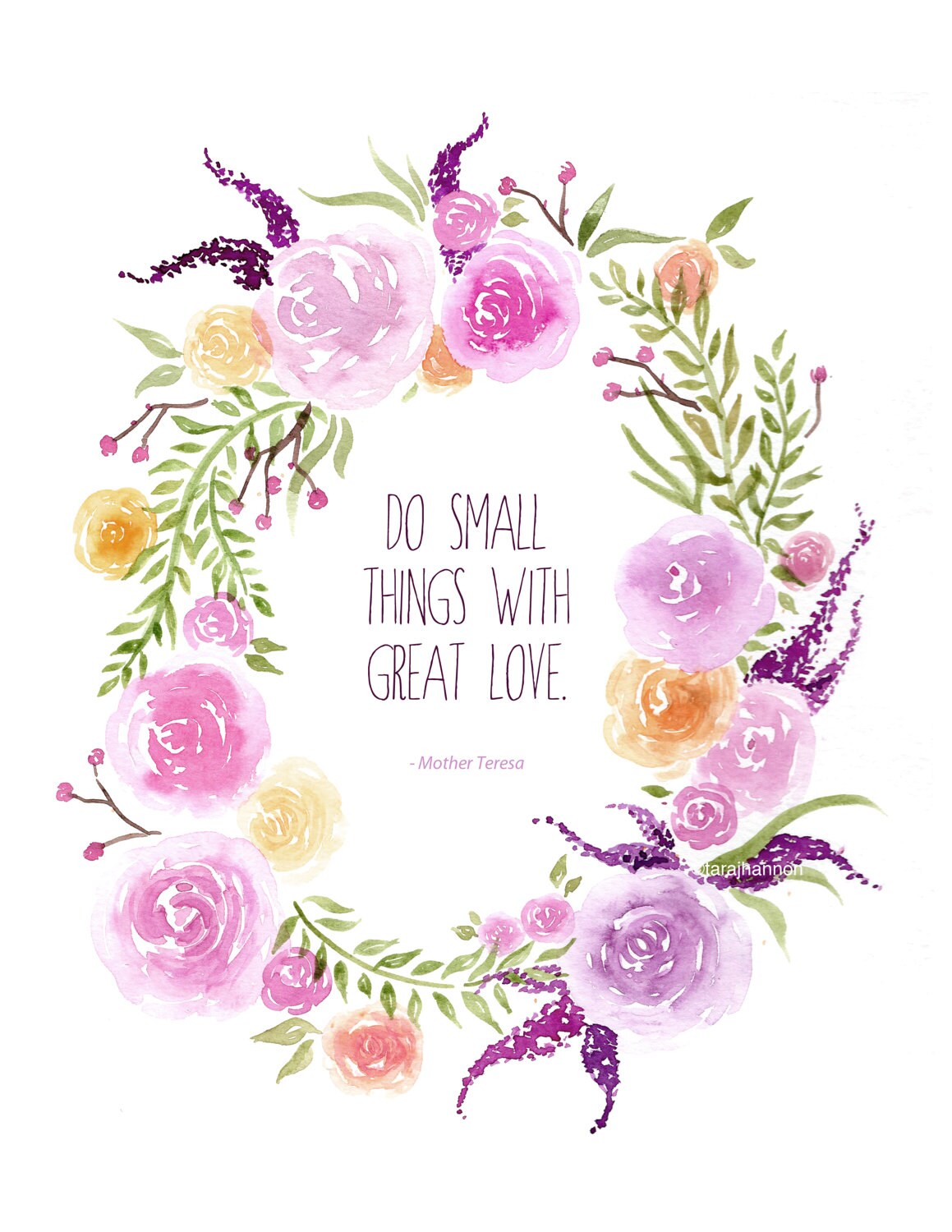 Floral Wreath Watercolor Art Print, Mother Teresa Quote (8.5x11) - Etsy