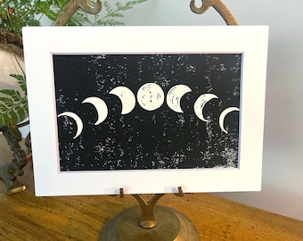 ORIGINAL 4x6 Linocut Art of MOON PHASES, Black and White