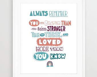 You are Braver Quote Print - Fred Rogers - Great GIFT for parents, children, teachers, family | Love QUOTE, Wall art, Always Remember