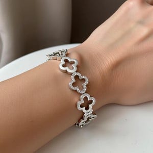 Silver Tone Crystal Rhinestone Clover Bangle Bracelet Adjustable Hollow Out Four Leaf Clover Bangle Bracelet For Women EDC Bangle for her