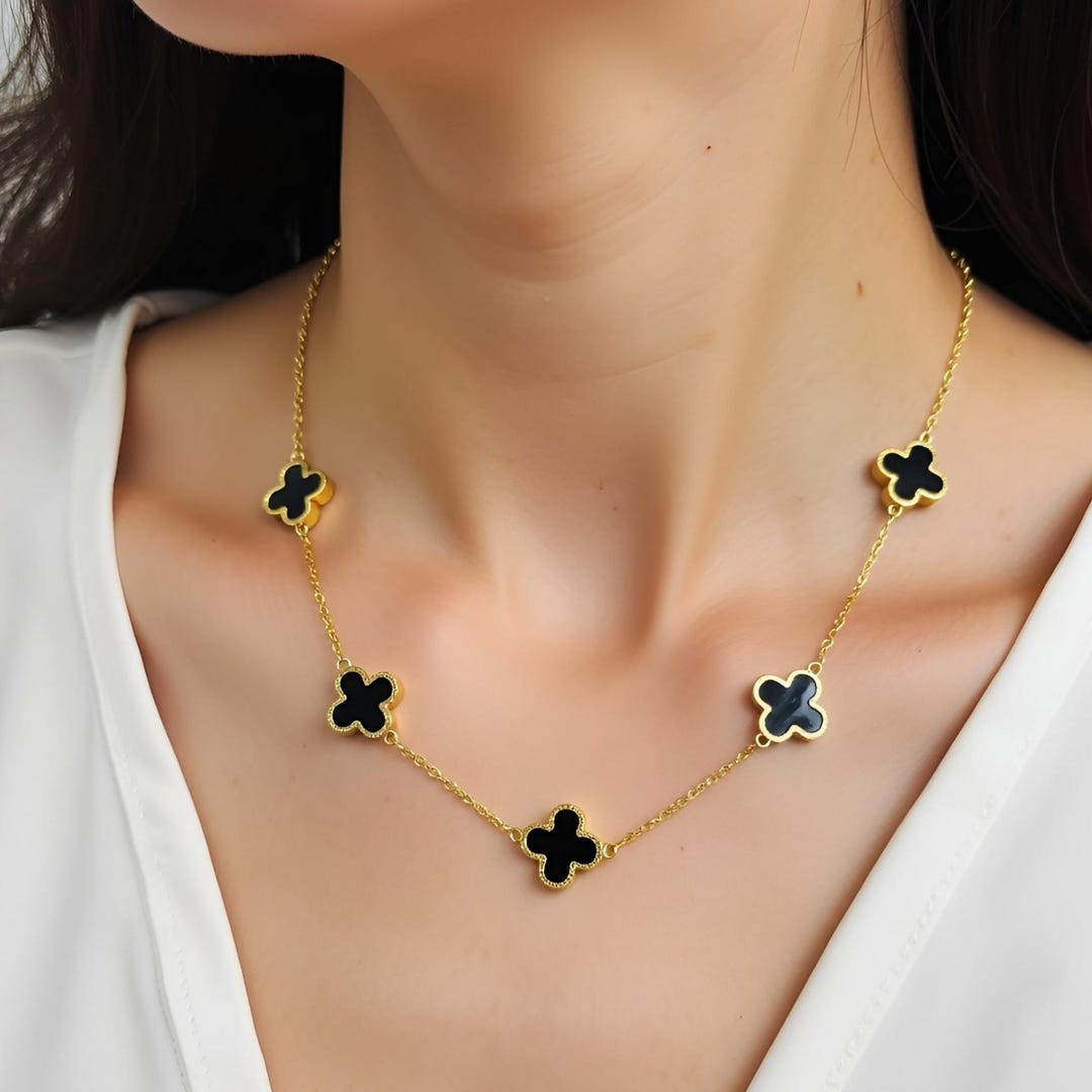【BLACKPURPLE】23FW★ Verso Necklace Black Clover Necklace With Zircons, Onyx Four Leaf Necklace