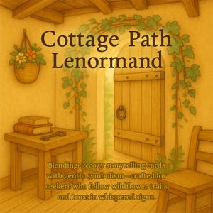 May include: Illustration of a cozy cottage scene with the text "Cottage Path Lenormand." The image features a wooden door, a small table with books and a key, and a hanging basket of flowers. The text below reads "Blending 36 cozy storytelling cards."