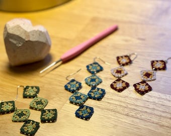 Mini-microcrochet dangle granny square earrings