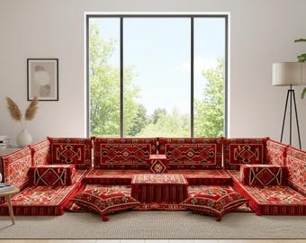 Red Arabic Floor Sofa Seating, U Shaped Full SET, Corner Sofa, Yemen Majlis, Moroccan Sofa, Kilim Pillow, Ottoman Bench, Oriental Sofa, Sofa