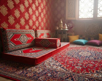 Arabic Sofa, L Shaped Set, Yemen Majlis Floor Seating Set, Red Kilim Seating for Living Room, Turkish Majlis Sofa, Floor Cushion, Sofa Set