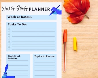 May include: A blue and white printable weekly study planner with sections for tasks, study break activities, and topics to revise. The planner has a hand holding a pen and a blue background.