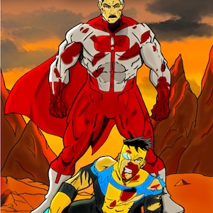 Puede incluir: Una ilustración digital de dos personajes de cómic. Uno está de pie con un traje blanco y rojo con capa, cubierto de manchas de sangre. El otro personaje está arrodillado en el suelo con un traje amarillo y azul desgarrado, también ensangrentado.