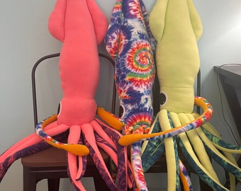 6’ Giant Squid Fleece Plush Stuffed Animal Toy or Decoration - tie die, lime green, or coral