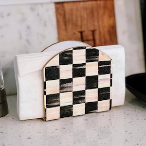 Handcrafted Checkered Napkin Holder: Decoupaged Designer Inspired Whimsical Table Decor