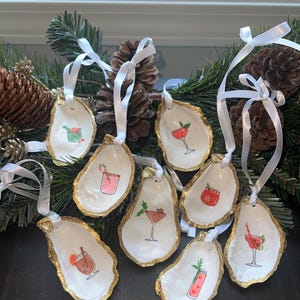 Feiertags-Cocktail-Austernmuschel-Verzierung | Handgemachte Decoupage Muschel Ornament mit Band | Weihnachtsdekoration