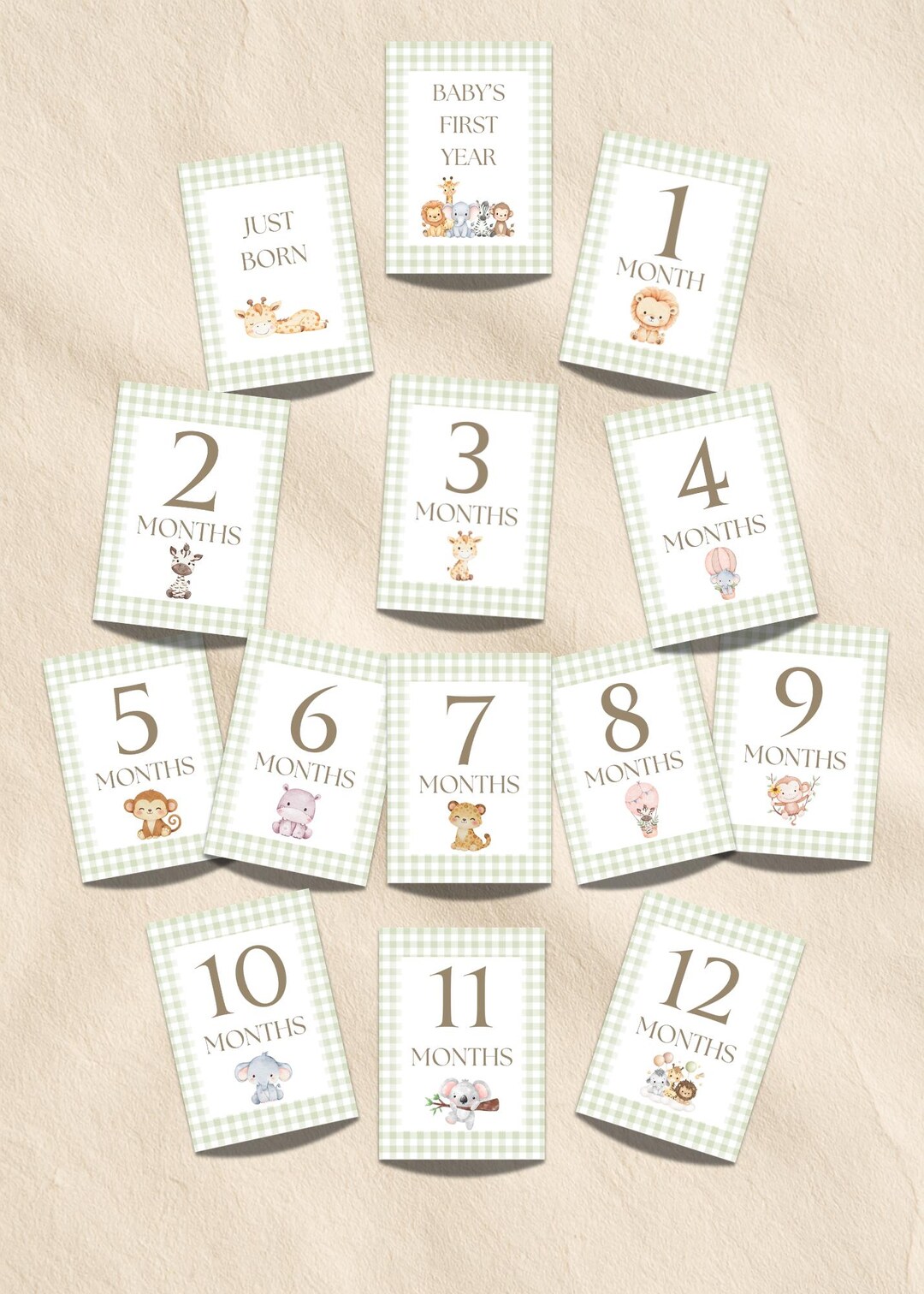 Safari Gingham Baby Milestone Cards | Jungle Animals First Year Photo ...
