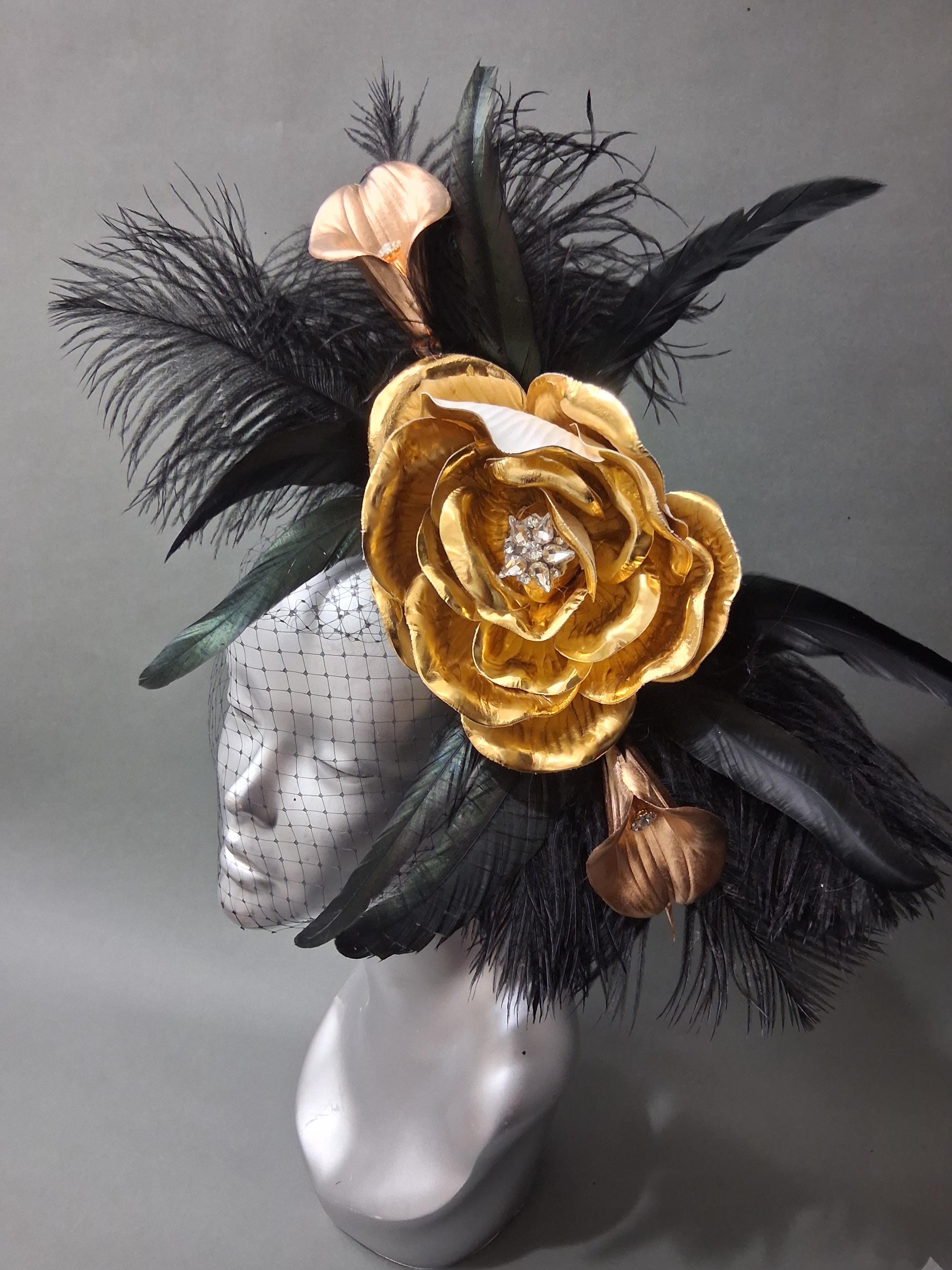 Black and Gold Flower Fascinator Hat With Veil, Kentucky  display picture 3