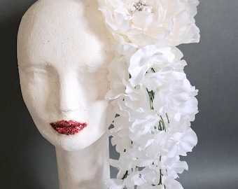 White Peony And Wisteria Bridal Fascinator,  Rhinestone Crystal Floral Headpiece,  Luxury Wedding Hair Accessory,  Statement Bridal Clip