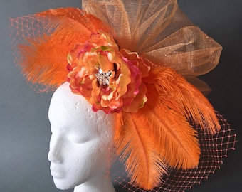 Orange Red Floral Fascinator Hat, Crystal Rhinestone Flower Headpiece,  Ostrich Feather Bridal Fascinator,  Birdcage Veil, Derby Hat