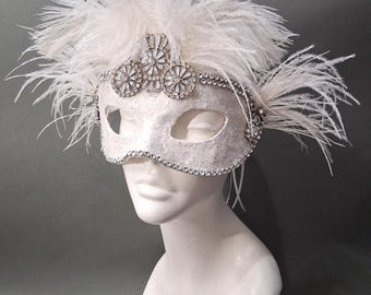 White Bridal Masquerade Mask With Crystal Rhinestones,  Birdcage Veil