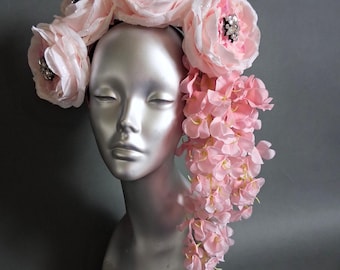 Pink Glittered Roses And Wisteria Bridal Fascinator,  Statement Floral Headpiece,  Rhinestone Crystal Center Wedding Hairpiece