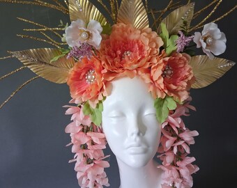 Dark Peach Floral Fascinator Headband , Pink Wisteria Headpiece,  Crystal Gold Leaves, Bridal Fascinator,  Kentucky Derby Alternative