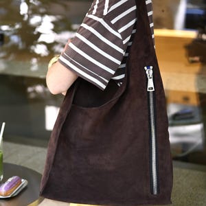 Brown Suede Bag, Hobo Shoulder Bag, Slouchy Suede Purse, Oversized Soft Tote Bag, Shoulder Bag with Zipper, Large Casual Purse for Women