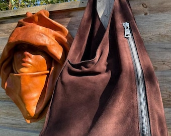 Handmade Suede Hobo Bag, Large Slouchy Leather Tote with Zipper, Soft Shoulder Handbag for Women, Casual Everyday Purse, Christmas Gift