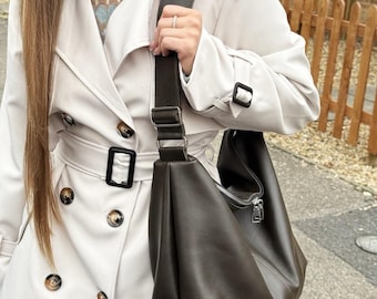 Brown Leather Hobo Bag, Handmade Slouchy Crossbody Tote, Khaki-Brown Smooth Leather Bag, Premium Italian Leather Bag, Gift For Mother