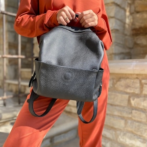 Handmade Black Leather Backpack, Minimalist, Stylish & Compact Bag for Everyday, Genuine Leather Women&#39;s Backpack, Gift for Mother Day