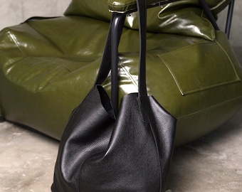 Black Leather Tote, Extra Large Shoulder Bag, Genuine Leather Hobo Bag, Leather Tote Bag, Shoulder Women's Tote, Slouchy Bag, Christmas Gift