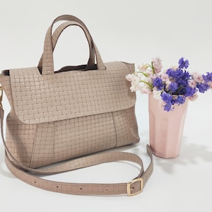 Handmade Beige Leather Shoulder Bag, Elegant Crossbody with Zipper & Flap, Embossed Leather Bag for Women, Gift for Woman