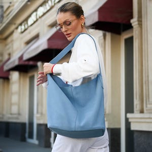 Powder Blue Genuine Suede Hobo Bag, Large Slouchy Shoulder Shopper, Wide Strap Tote with Magnetic Closure, Roomy Carryall