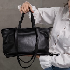 Schwarze Echtleder Tragetasche, Extra Große Schultertasche, Schwarze Leder Tragetasche, Weekender Tasche für Frauen, Leder Reisetasche