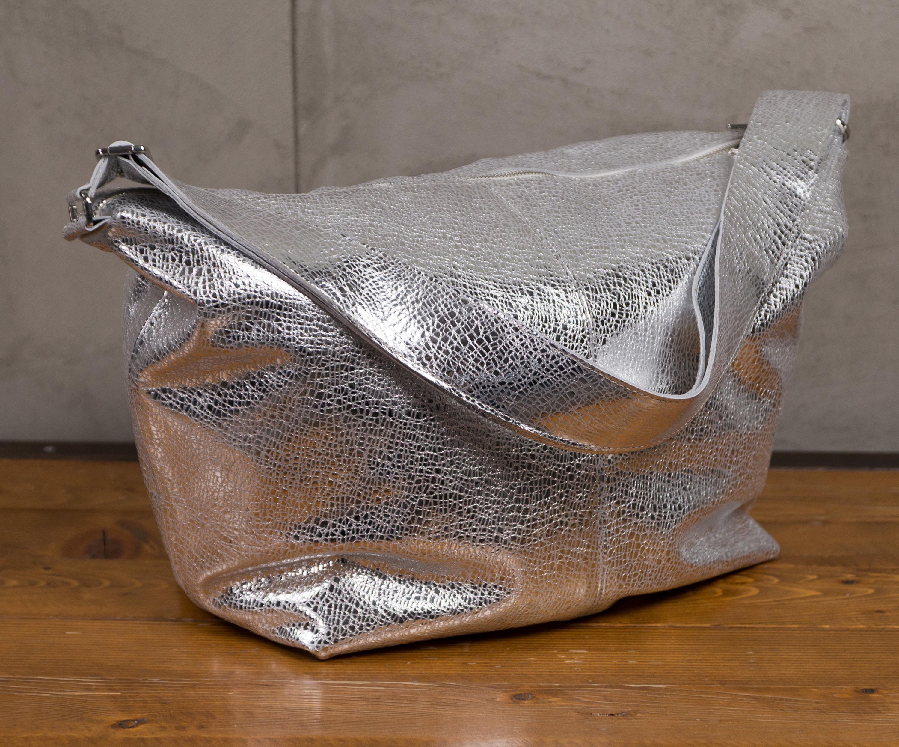 Dames Lederen Handtas Italy Dames Lederen Handtas /Made In Italië/Kroko Print/ Taupe Italiaans Leren Handtas Metallic