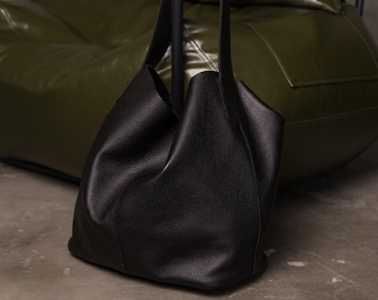 Black Leather Tote Bag for Women, Extra Large Minimalist Shoulder Bag, Genuine Leather Hobo, Slouchy Travel Handbag, Stylish  Christmas Gift