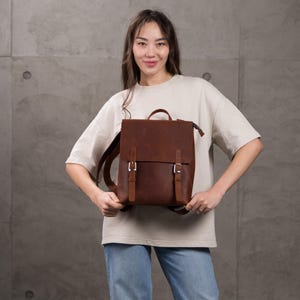 Brown Leather Backpack, Casual Backpack for Women, Leather Laptop Bag, Shoulder Bag, Convertible Leather Rucksack, Mini Backpack Purse