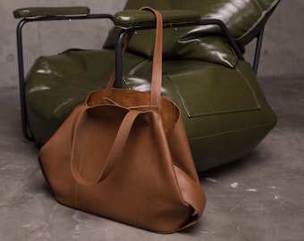 Cognac Leather Bag, Woman Leather Tote, Shopping Leather Bag, Leather Travel Tote, Christmas Gift, Vintage Leather Tote, Shoulder Bag