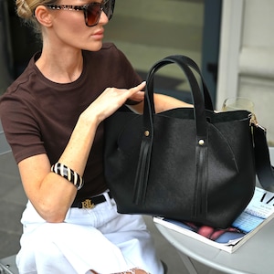 Women&#39;s Large Tote Bag Purse, Leather Shoulder Hand Bag, Black Leather Handbag, Stylish Work Bag for Women, Genuine Italian Leather Handbag